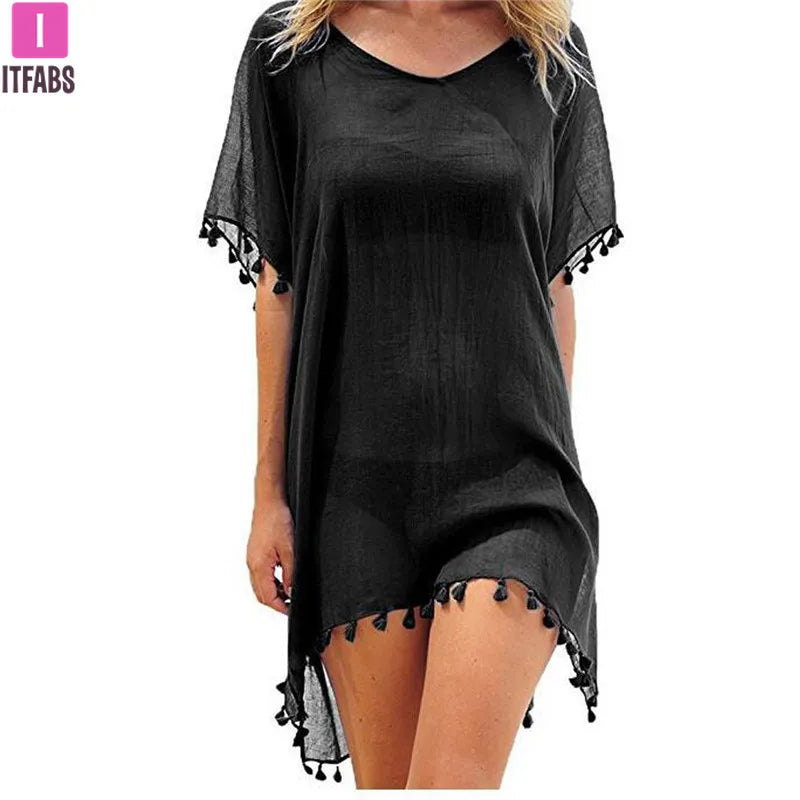 Chiffon Tassels Beach Wear Women Swimsuit Cover Up Swimwear Bathing Suits Summer Mini Dress Loose Solid Pareo Cover Ups