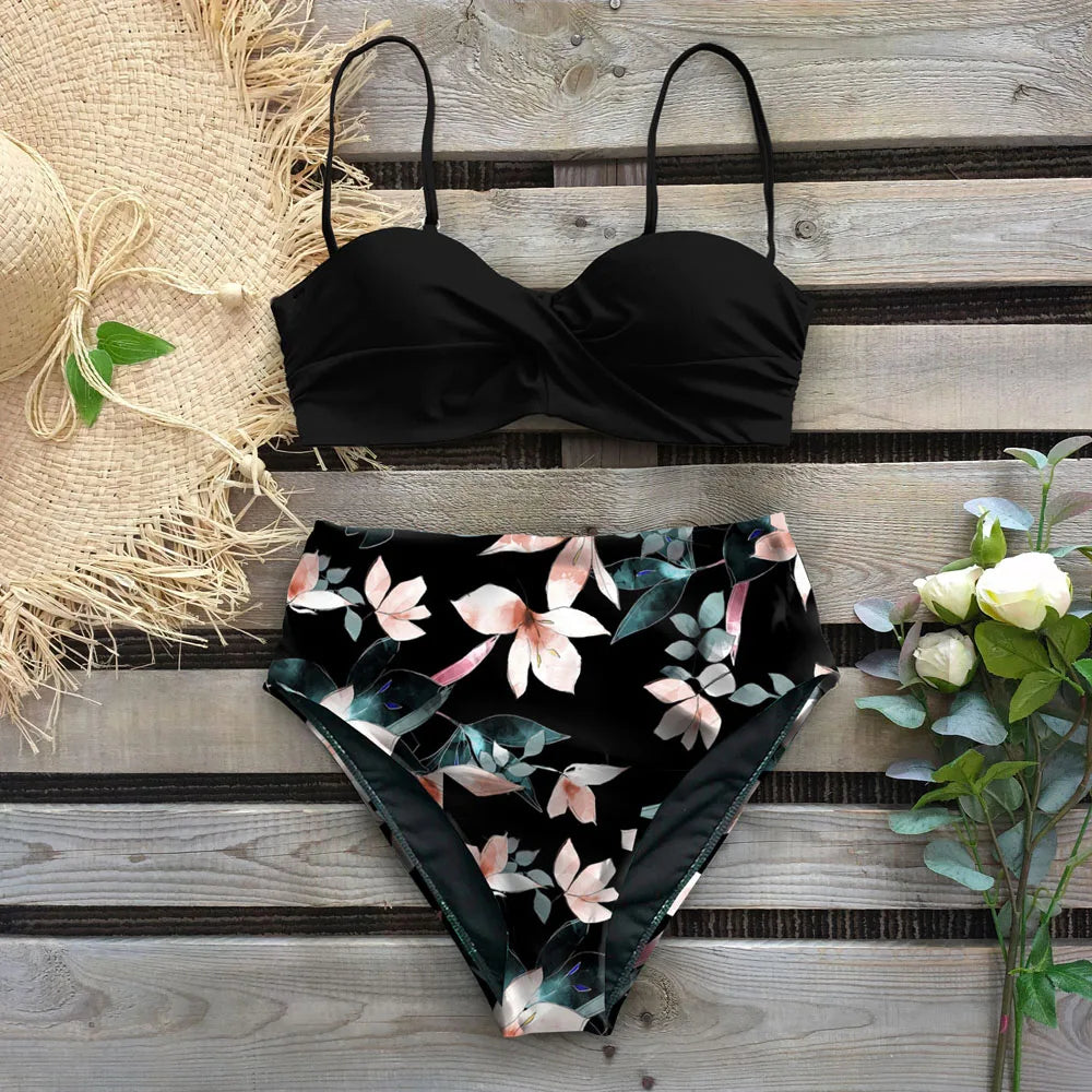 Sexy Leaf Print Bikini 2024 Female Swimsuit Women Swimwear Thong Push Up Bikinis Set High Waist Swimming Suits for Bathing Suit