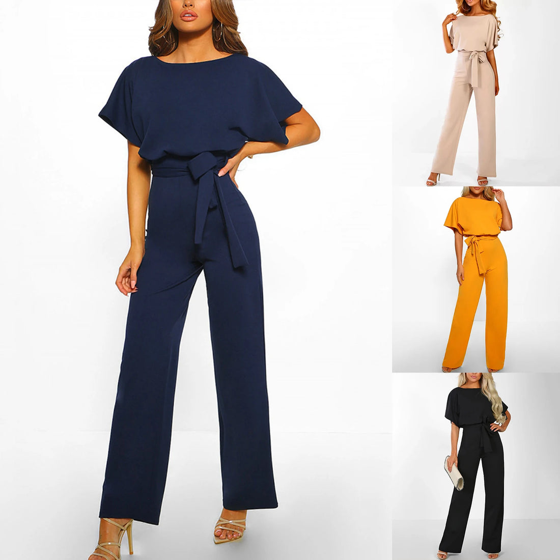 Jumpsuit Lace Up High Waist Elegant Women Solid Color Straight Leg Romper Fashion Short-sleeved Round Neck Jumpsuit for Dating