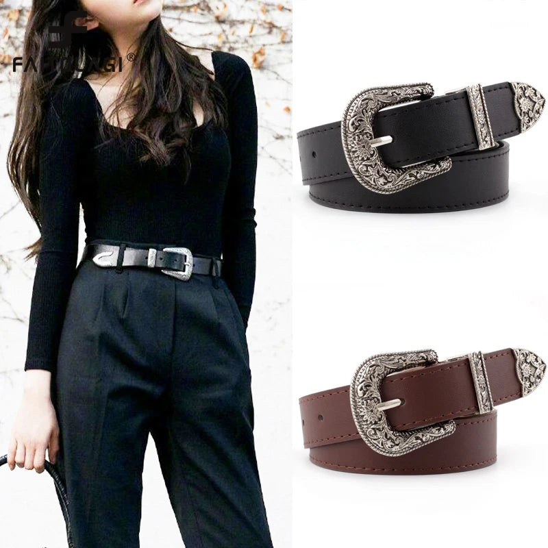 Black Leather Belt Women Metal Heart Buckle Waist Belt Vintage Western Carved Jeans Ladies Belts Shirts Waistband cinturon mujer