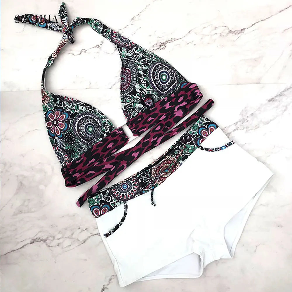 New Boho Boxer Bikini Big Size 5XL Swimsuit for Fat Print Pink Leopard Swimwear Women XXXL