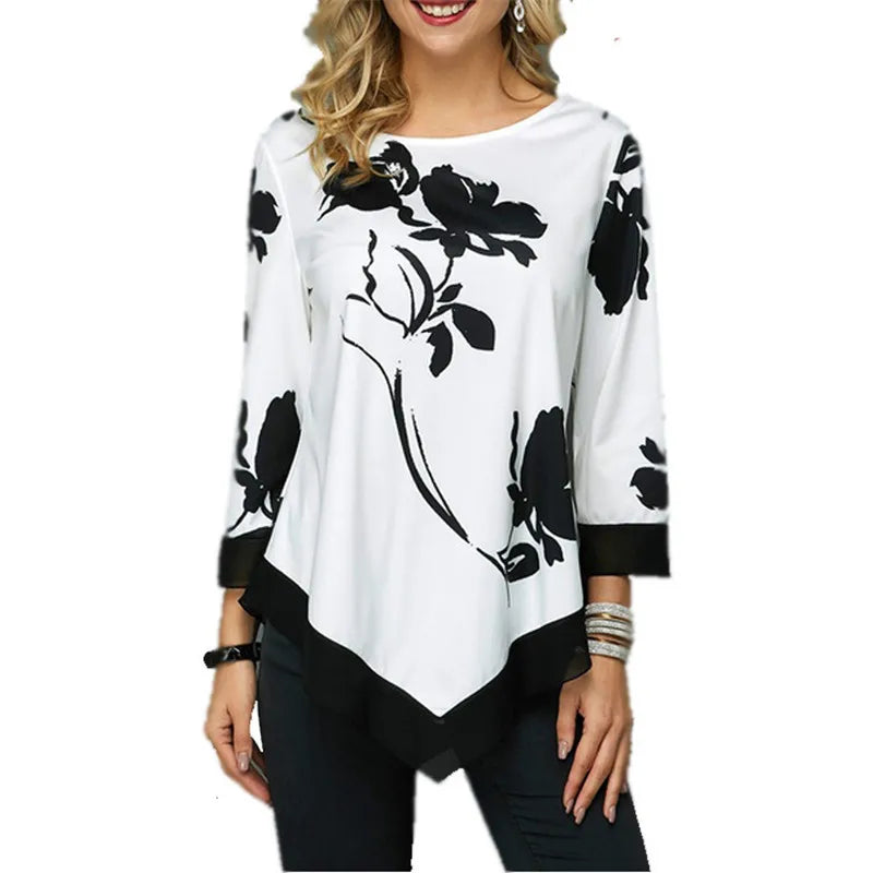 New Spring Oversized Women T Shirt Casual Irregular O-Neck Lace Splice Floral Printing Tee Shirt Women&