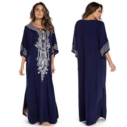 Indie Folk Embroidered Short Sleeve Summer Dress Cotton Tunic Beach Kaftan Women Beachwear Swimsuit Cover Up Robe de plage