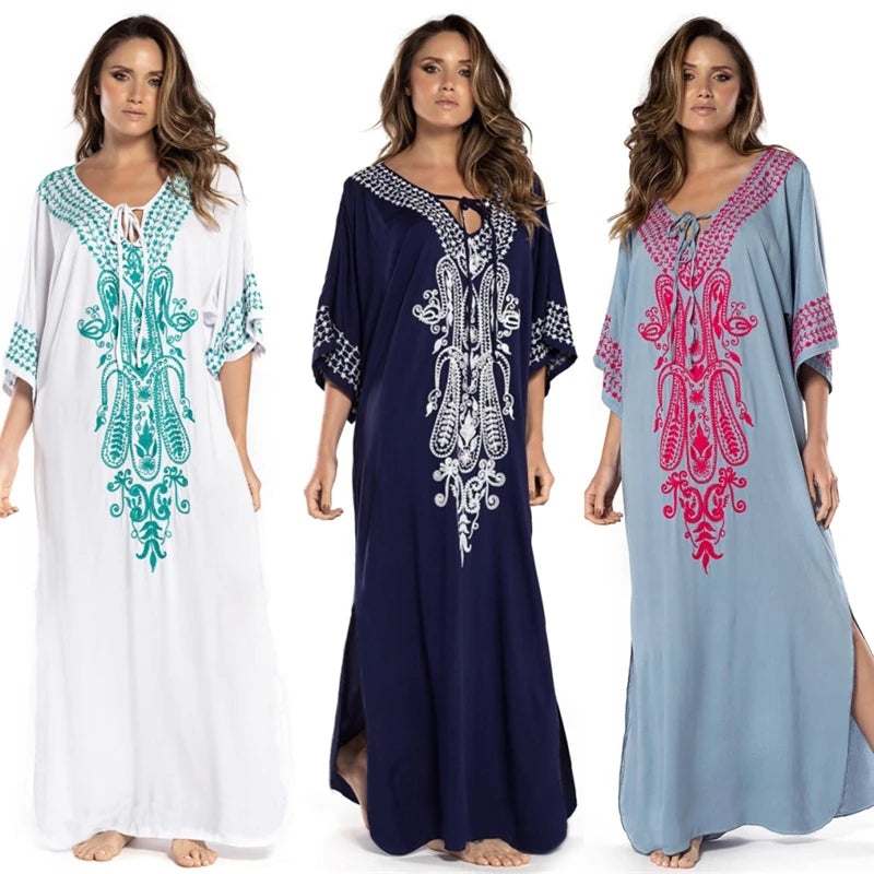 Indie Folk Embroidered Short Sleeve Summer Dress Cotton Tunic Beach Kaftan Women Beachwear Swimsuit Cover Up Robe de plage