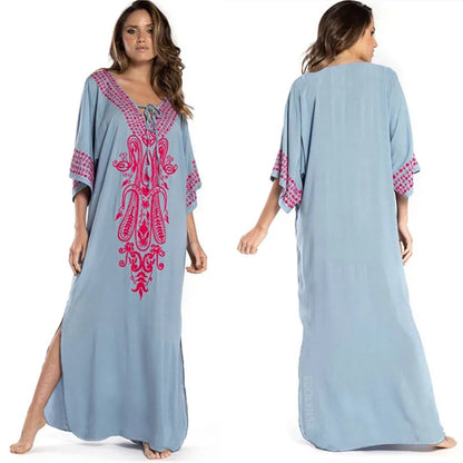 Indie Folk Embroidered Short Sleeve Summer Dress Cotton Tunic Beach Kaftan Women Beachwear Swimsuit Cover Up Robe de plage