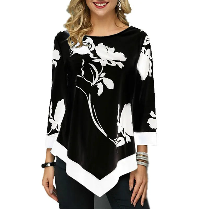 New Spring Oversized Women T Shirt Casual Irregular O-Neck Lace Splice Floral Printing Tee Shirt Women&