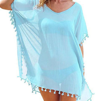 Chiffon Tassels Beach Wear Women Swimsuit Cover Up Swimwear Bathing Suits Summer Mini Dress Loose Solid Pareo Cover Ups