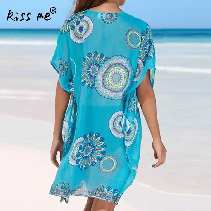 Vintage Lace Up V Neck Beach Dress Hollow Beach Cover Up Chiffon Women&