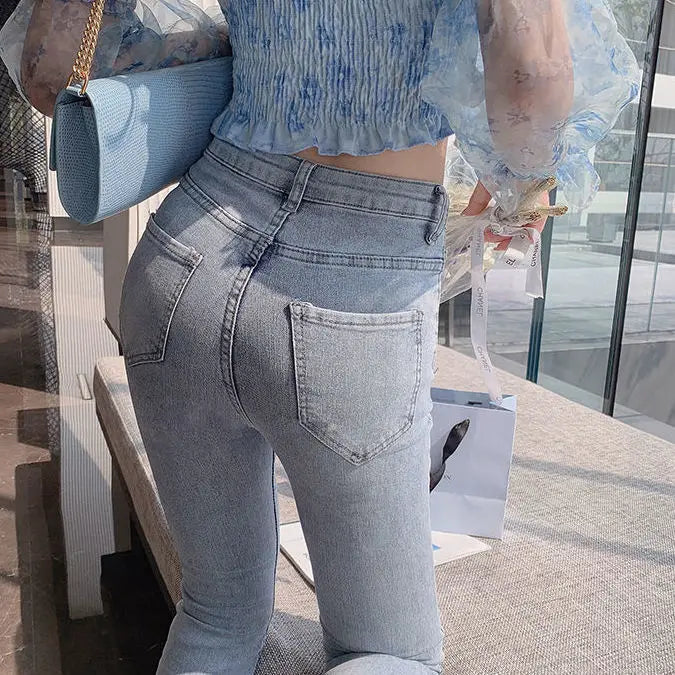 High Waist Jeans Female Xia Xianshou 2021 New Korean Fashion Xiangao Versatile Heavy Industry Split Pin Bead Flared Pants