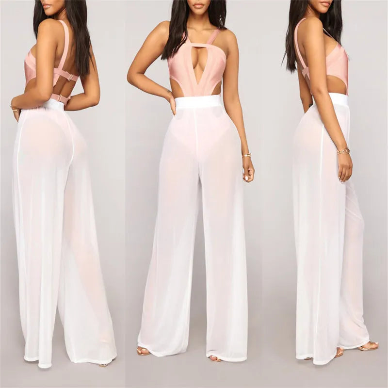 Women See Through High Waist Pants Sexy Transparent Loose Wide Leg Pants Comfortable Beach Long Solid Mesh Trousers 3Color