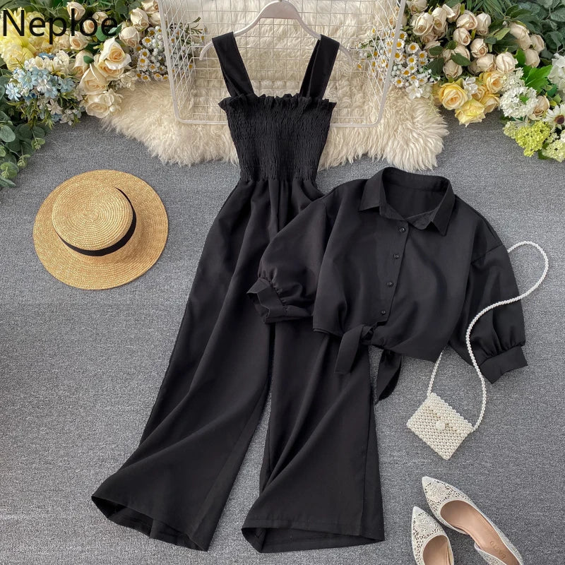 Neploe Summer Holiday 2 Pcs Women Set Sexy Slim Waist Pleat Design Wide Leg Jumpsuit + Turn Down Collar Short Sleeve Shirt Suit