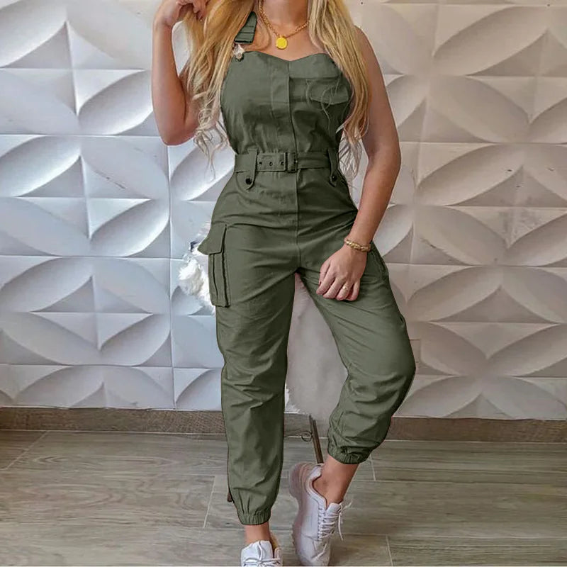 New Style Women Solid Color Cargo Jumpsuit with Waistband Square Collar Sleeveless Overalls Plus Size S-XXXL