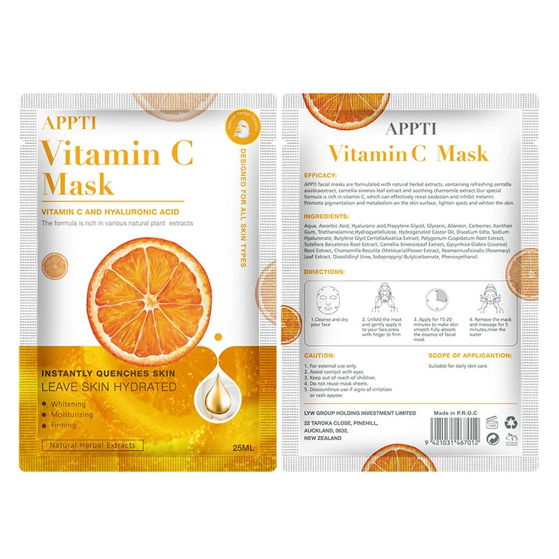 APPTI Deeply Cleanse Moisturizing Whitening and Brightening Vitamin C Korean Facial Sheet Mask Hydrating Skin Care 10 Pcs