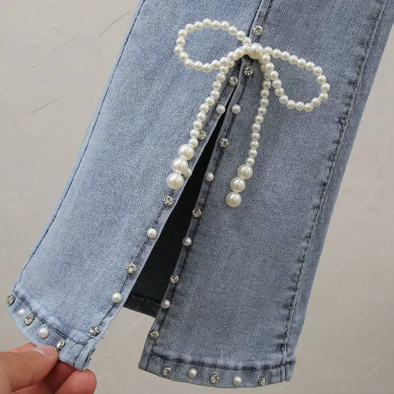 High Waist Jeans Female Xia Xianshou 2021 New Korean Fashion Xiangao Versatile Heavy Industry Split Pin Bead Flared Pants