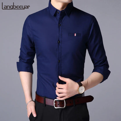 Fall New Fashion Brand Designer Shirt Man Dress Shirt Long Sleeve Slim Fit Button Down 100% Cotton Casual Mens Clothing