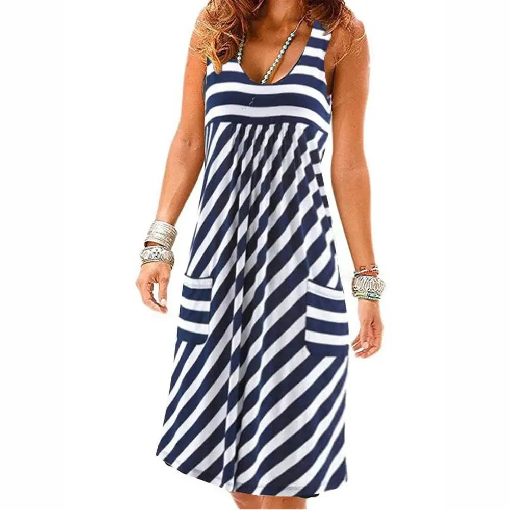 Fashion striped dress  summer dress  loose simple sleeveless dress women&