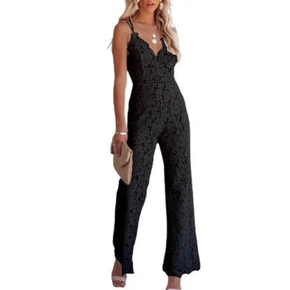 Solid Lace Jumpsuits Women Sleeveless Romper High Waist V-Neck Wide Leg Playsuits and Jumpsuit Women bodysuit Combinaison femme