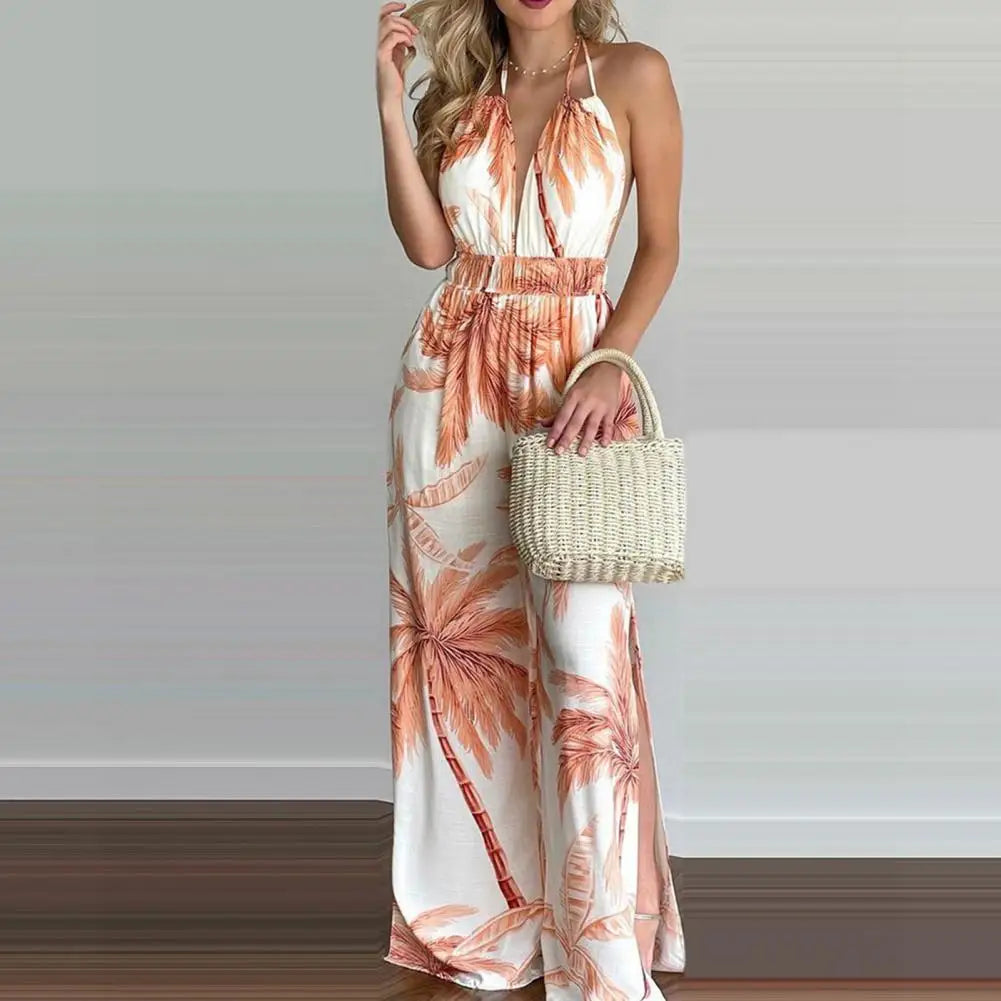 Women Summer Sexy Floral Print Jumpsuits Boho Sleeveless Backless Wide Leg Long Overalls Rompers Female Loose Overalls Jumpsuit