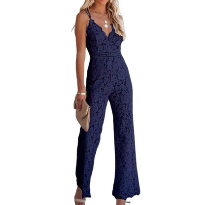 Solid Lace Jumpsuits Women Sleeveless Romper High Waist V-Neck Wide Leg Playsuits and Jumpsuit Women bodysuit Combinaison femme