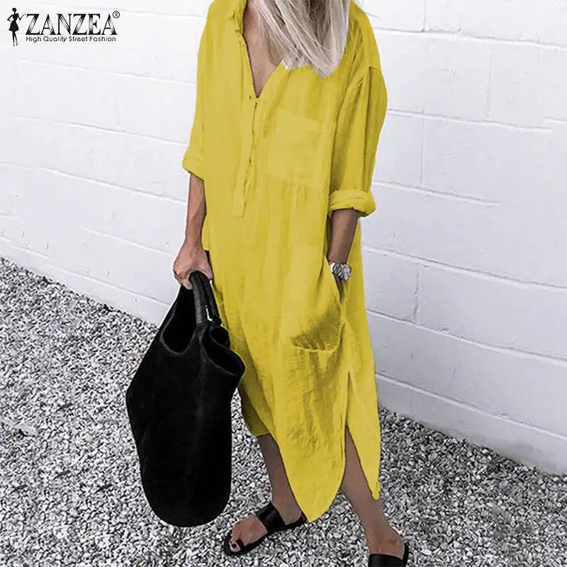 Women Lapel Long Sleeve Autumn Shirt Dress Cotton Split Dresses Elegant Solid Work Office Vestidos Female Tunic Robe