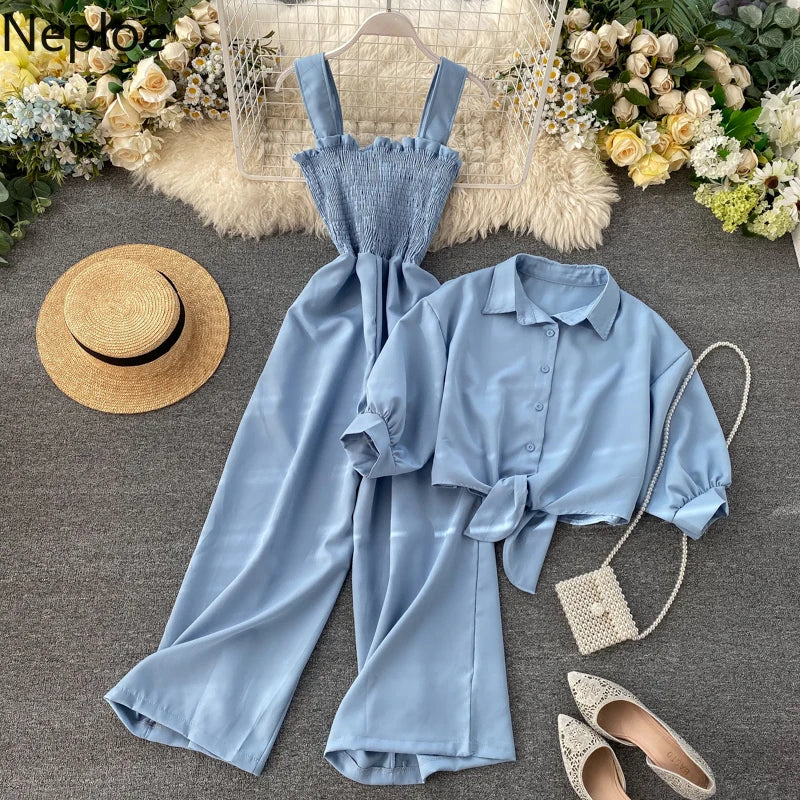 Neploe Summer Holiday 2 Pcs Women Set Sexy Slim Waist Pleat Design Wide Leg Jumpsuit + Turn Down Collar Short Sleeve Shirt Suit