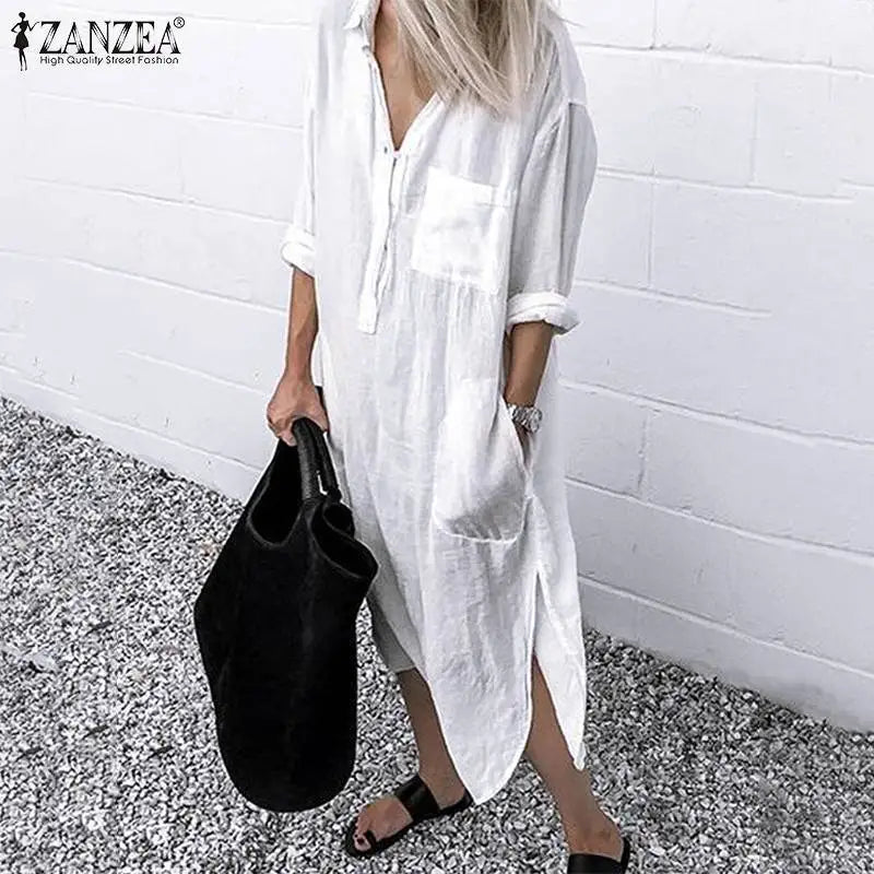 Women Lapel Long Sleeve Autumn Shirt Dress Cotton Split Dresses Elegant Solid Work Office Vestidos Female Tunic Robe