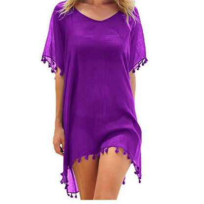 Chiffon Tassels Beach Wear Women Swimsuit Cover Up Swimwear Bathing Suits Summer Mini Dress Loose Solid Pareo Cover Ups