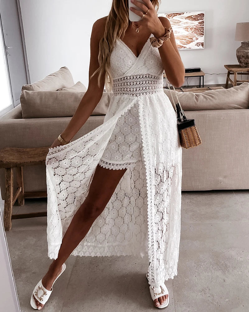 Summer V Neck Solid Color Lace Hollow-Out Sleeveless Sling Party Wear High Waist Rompers Holiday Casual White Women&