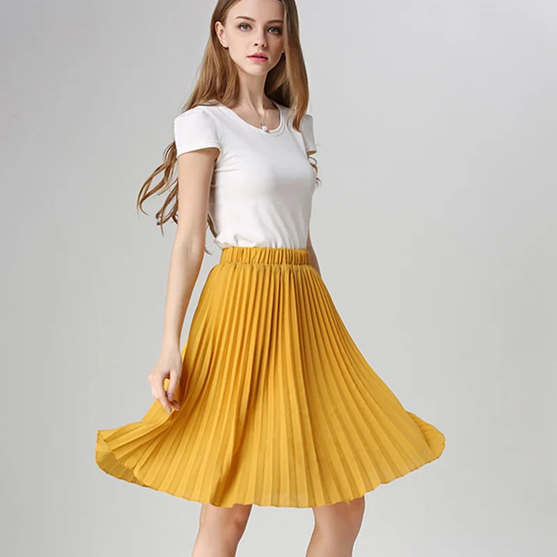 Women Chiffon Pleated Skirt Vintage High Waist Tutu Skirts Womens Saia Midi Rokken 2016 Summer Style Jupe Femme Skirt