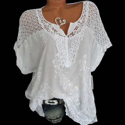 2022 Summer Short Sleeve Womens Blouses And Tops Loose White Lace Patchwork Shirt 5xl 6xl Women Tops shirts Casual Clothes