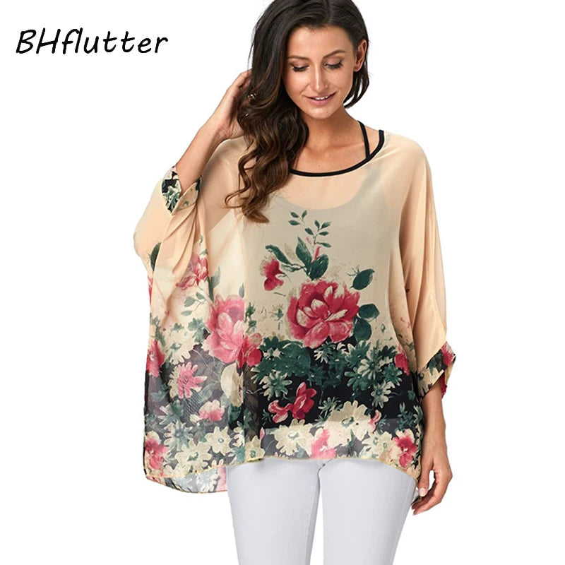 BHflutter 4XL 5XL 6XL Plus Size Women Chic Floral Print Chiffon Blouses Shirts Sexy Off Shoulder Summer Tops Tunic