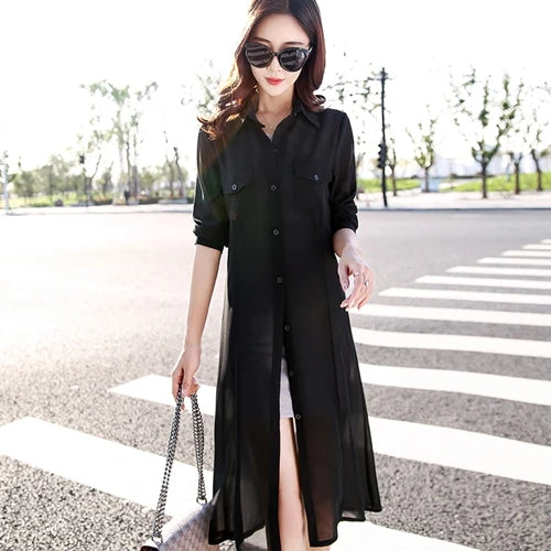 TingYiLi Black White Red Green Long Cardigan Female Long Sleeve Summer Cardigan Casual Shirt Women