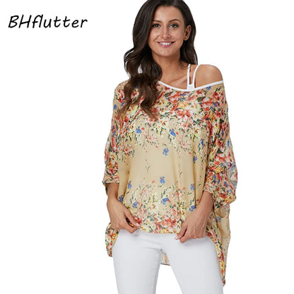 BHflutter 4XL 5XL 6XL Plus Size Women Chic Floral Print Chiffon Blouses Shirts Sexy Off Shoulder Summer Tops Tunic