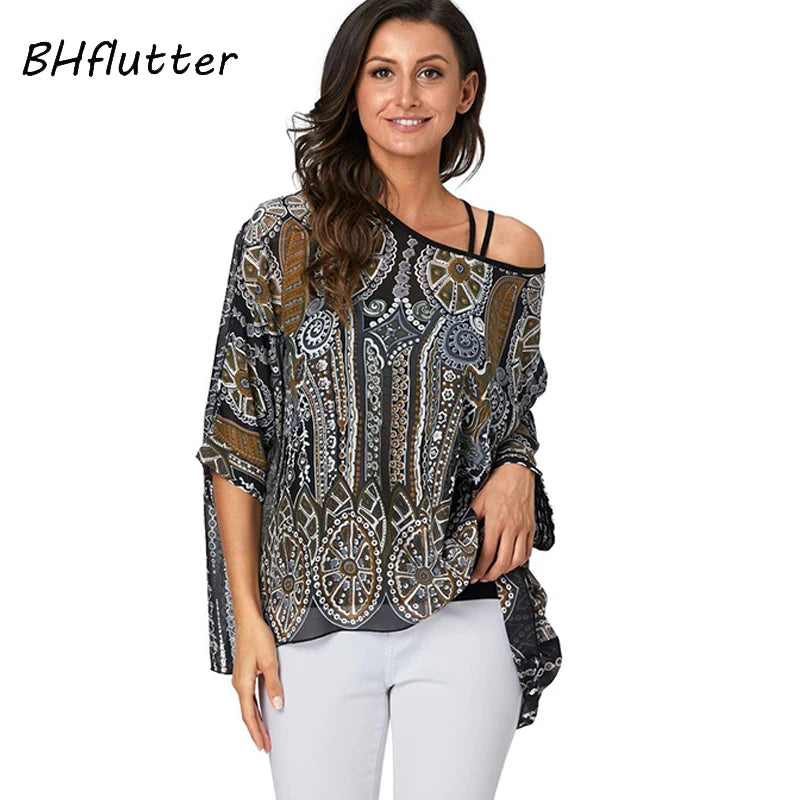 BHflutter 4XL 5XL 6XL Plus Size Women Chic Floral Print Chiffon Blouses Shirts Sexy Off Shoulder Summer Tops Tunic