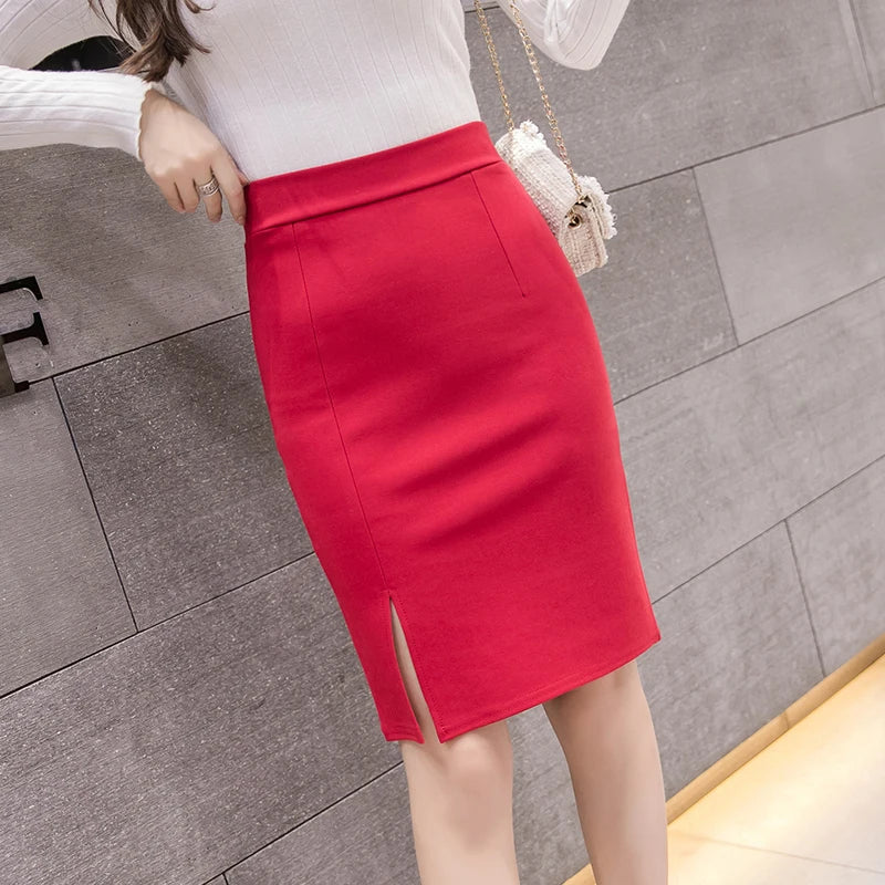 2024 New Fashion Women Office Formal Pencil Skirt Spring Summer Elegant Slim Front Slit Midi Skirt Black/Gray/Red OL Skirts