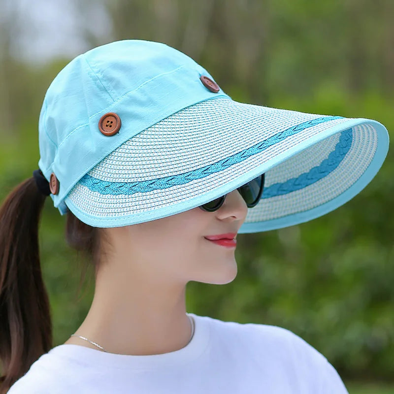 COKK Hats Women Wide Large Brim Floppy Summer Beach Sun Hat Straw Hat Button Cap Summer Hats For Women Anti-uv Visor Cap Female