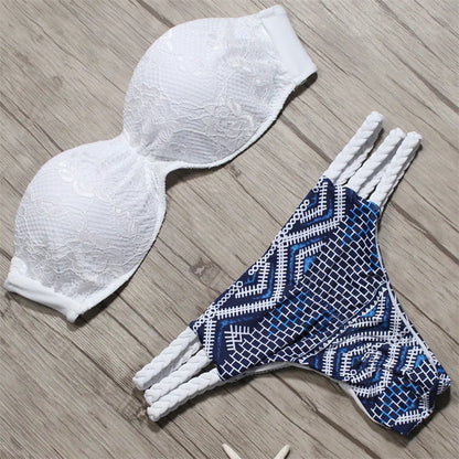 Sexy Solid Bikini New Patchwork Swimsuit Women Lace Scallop Edge Bandeau Bikini Set Swimwear Female Summer Bathing Suits