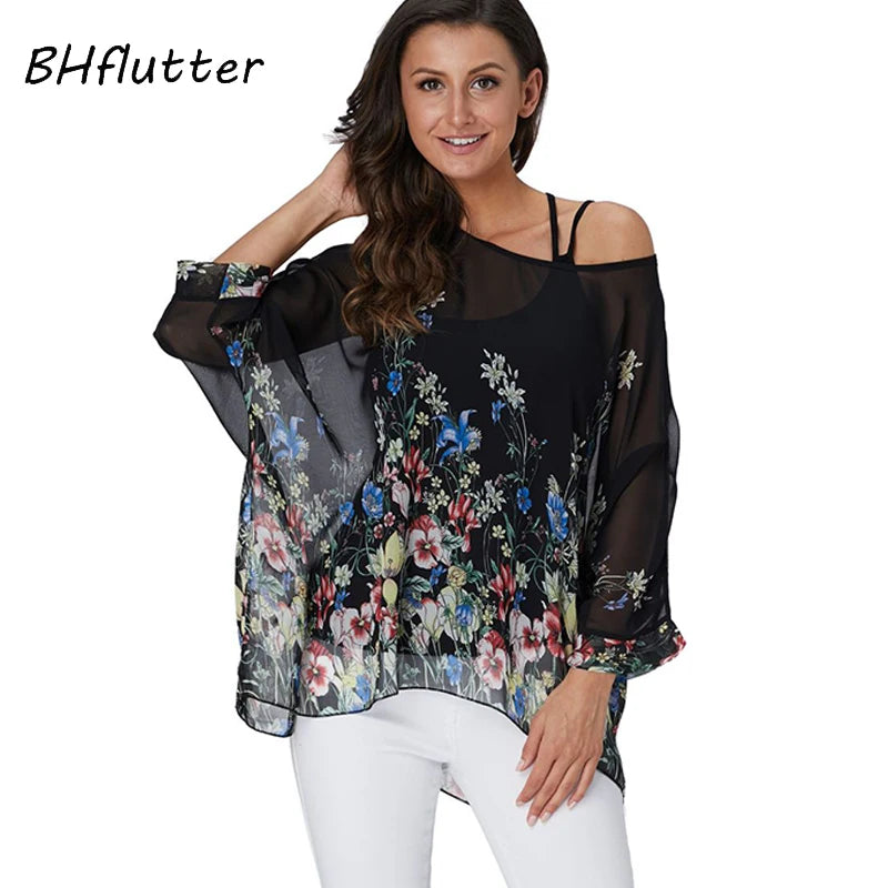 BHflutter 4XL 5XL 6XL Plus Size Women Chic Floral Print Chiffon Blouses Shirts Sexy Off Shoulder Summer Tops Tunic