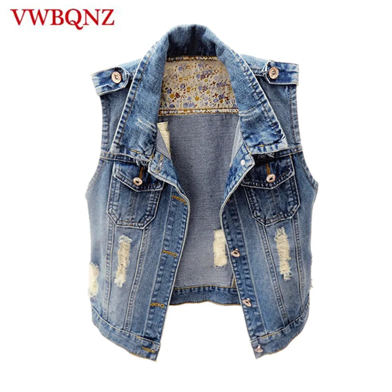 S-6XL Spring Summer Vintage Denim Vest Jacket Women Short Outerwear Slim Sleeveless Hole Cowboy Waistcoats Female Casual Tops