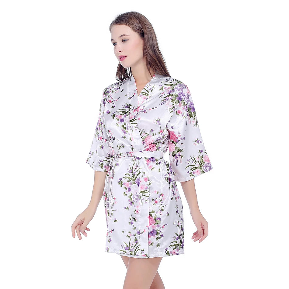 Silk Satin Wedding Bride Bridesmaid Robe Floral Bathrobe Short Kimono Robe Night Robe Bath Robe Fashion Dressing Gown For Women