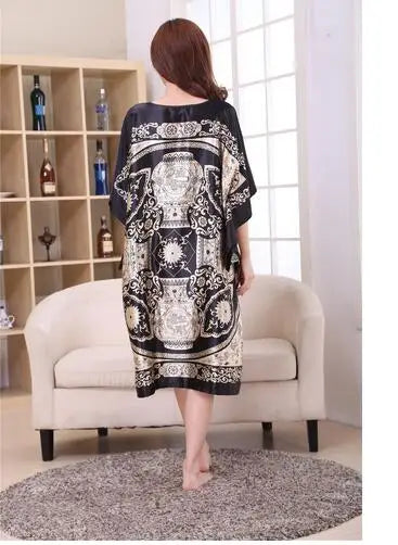 Novelty Print Black Female Satin Robe Dress Nightgown Novelty Women&