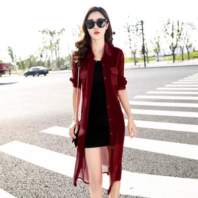 TingYiLi Black White Red Green Long Cardigan Female Long Sleeve Summer Cardigan Casual Shirt Women