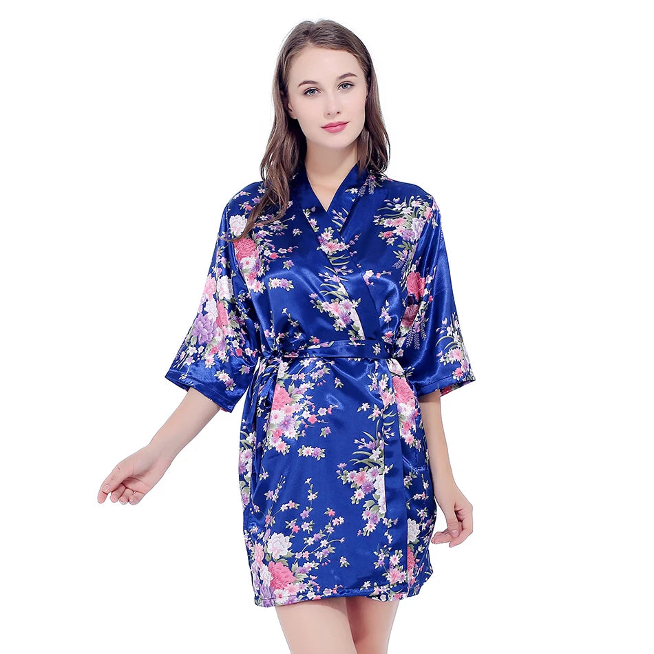 Silk Satin Wedding Bride Bridesmaid Robe Floral Bathrobe Short Kimono Robe Night Robe Bath Robe Fashion Dressing Gown For Women