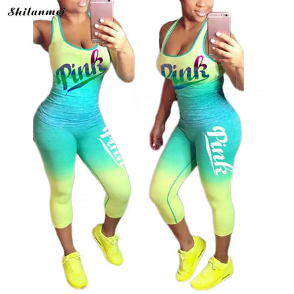 Skinny Tracksuit Sleeveless T-Shirt Pink Letter Print Sport Sets Causal Stretchy 2 Piece Sets Women Outfits 2024 Summer New