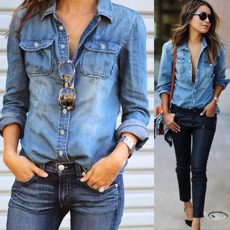 women fashion blue denim shirts women girls autumn casual long sleeve solid blue two pockets cotton blend tops