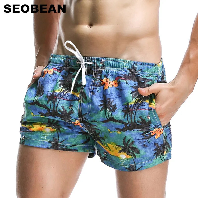 SEOBEAN Summer Hot Short Men Board Shorts Coconut Leaf Pattern Sea Beach Style Men&