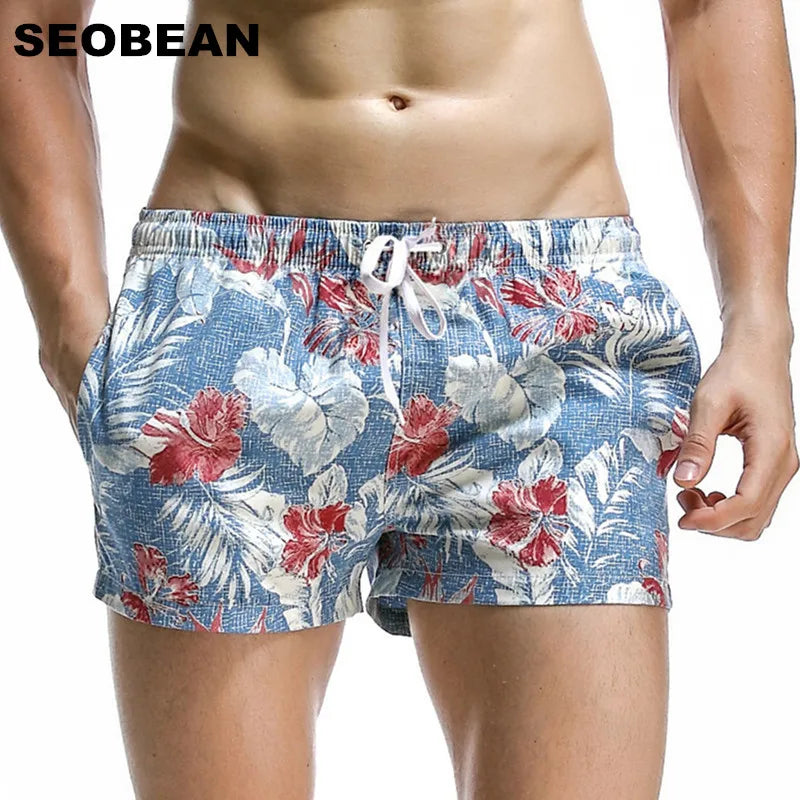 SEOBEAN Summer Hot Short Men Board Shorts Coconut Leaf Pattern Sea Beach Style Men&