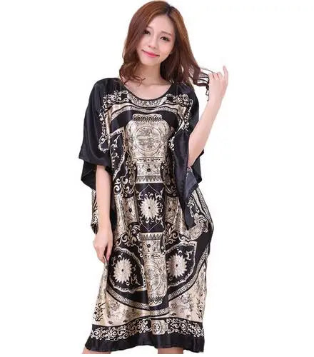 Novelty Print Black Female Satin Robe Dress Nightgown Novelty Women&