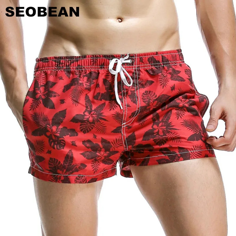 SEOBEAN Summer Hot Short Men Board Shorts Coconut Leaf Pattern Sea Beach Style Men&