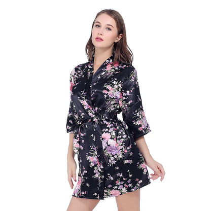 Silk Satin Wedding Bride Bridesmaid Robe Floral Bathrobe Short Kimono Robe Night Robe Bath Robe Fashion Dressing Gown For Women